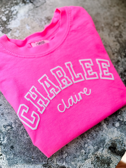 Neon pink/white puff jersey/cursive